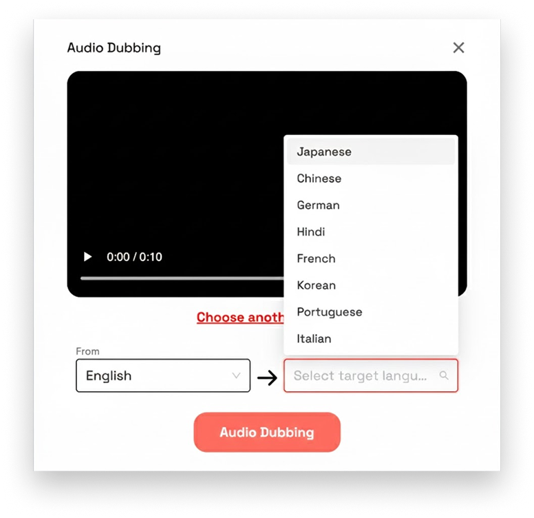 Interface showing video audio dubbing with multiple language options