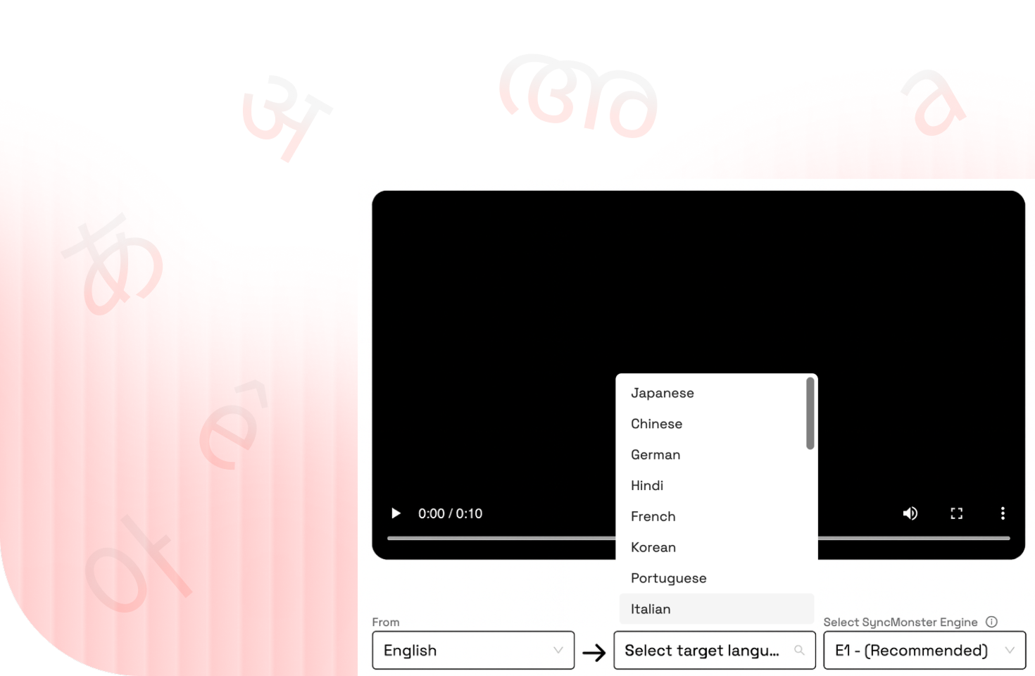 video interface showing selection of multiple target languages for global campaign localization